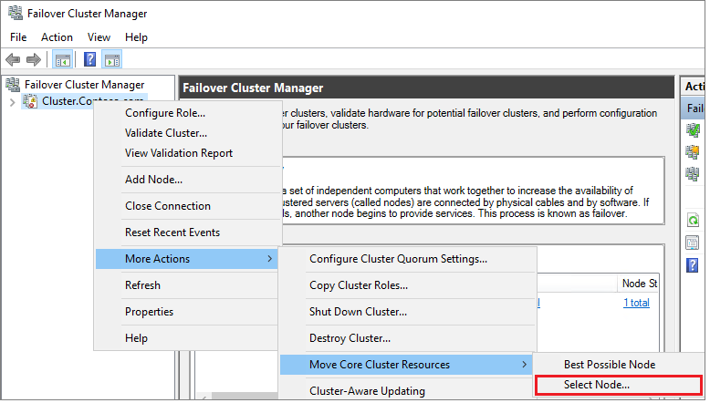 Screenshot che mostra come testare il failover del cluster spostando le risorse principali negli altri nodi.