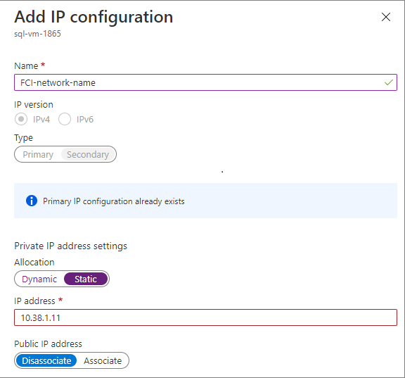 Selezionare di nuovo + Aggiungi per configurare un indirizzo IP aggiuntivo per il listener del gruppo di disponibilità (con un nome come availability-group-listener), specificando di nuovo un indirizzo IP inutilizzato in SQL-subnet-1, ad esempio 10.31.1.11