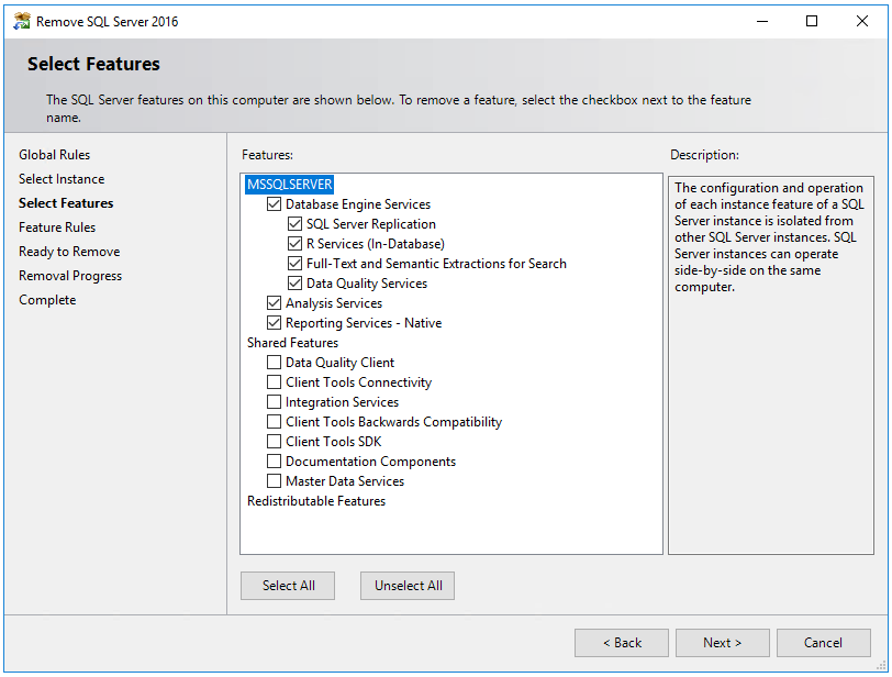 Screenshot che mostra le funzionalità da selezionare per disinstallare SQL Server.