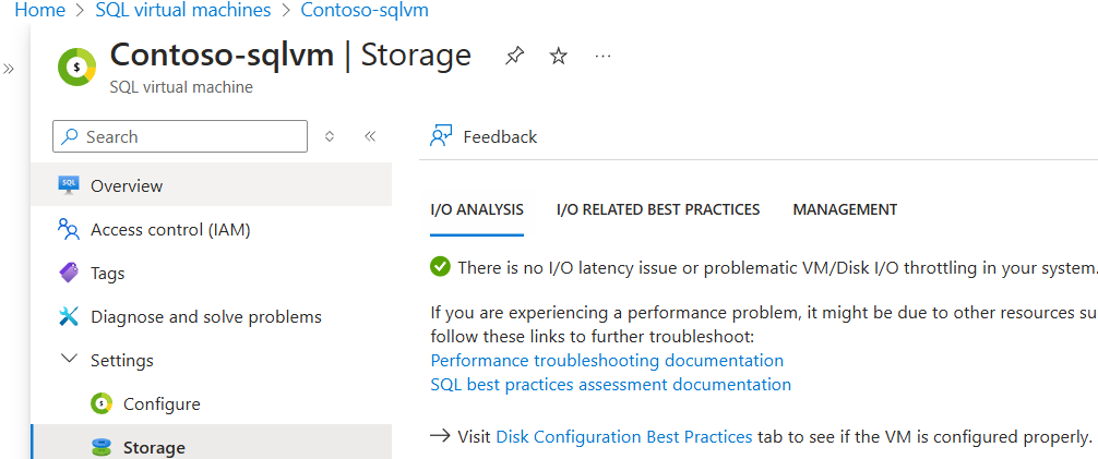 Screenshot della risorsa macchine virtuali SQL del portale di Azure, che mostra dove visualizzare le informazioni di archiviazione.