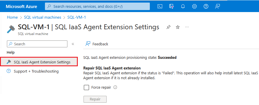 Screenshot della pagina delle impostazioni dell'estensione SQL IaaS Agent dell'estensione macchine virtuali SQL nel portale di Azure che mostra dove ripristinare l'estensione.