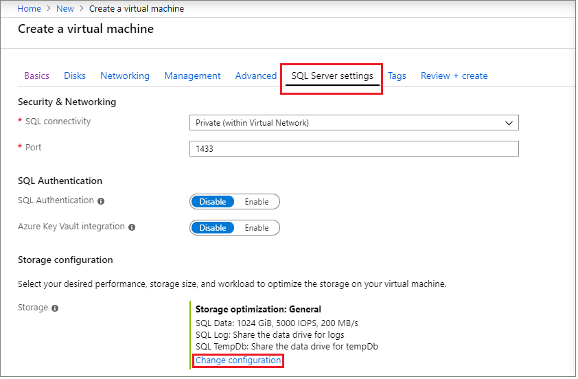 Screenshot che evidenzia la scheda Impostazioni di SQL Server e l'opzione Modifica configurazione.