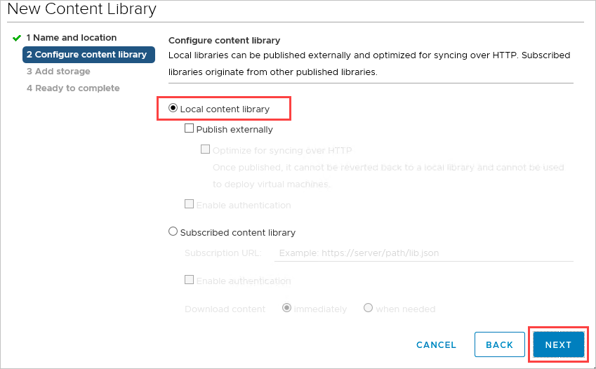 Screenshot che mostra l'opzione Raccolta contenuto locale selezionata per la nuova raccolta contenuto.