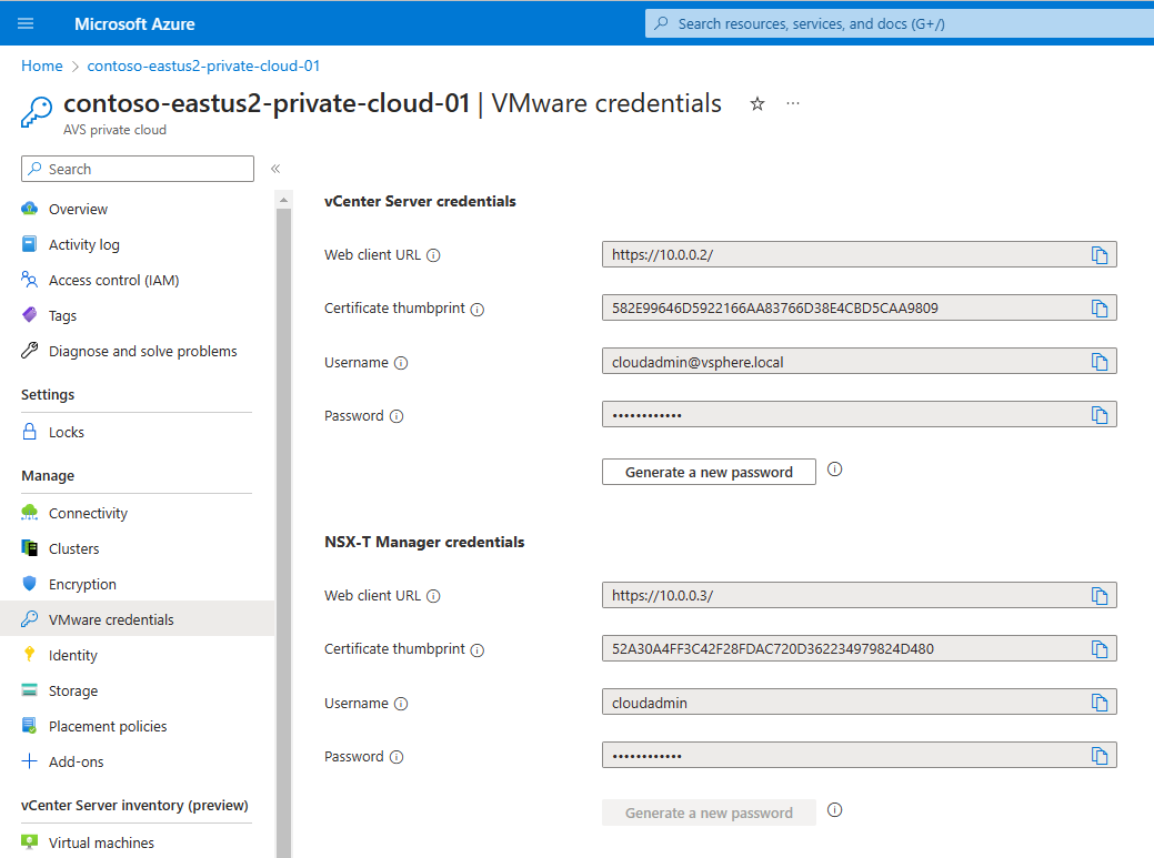 Screenshot che mostra gli URL e le credenziali di NSX Manager nel cloud privato nel portale di Azure.