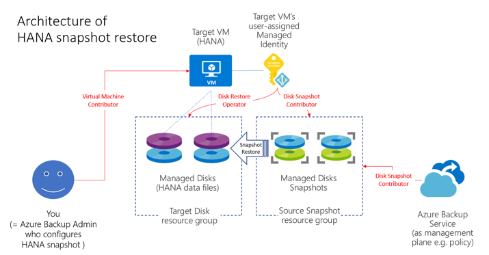 Il diagramma mostra l’architettura di ripristino dello snapshot dell'istanza del database SAP HANA.