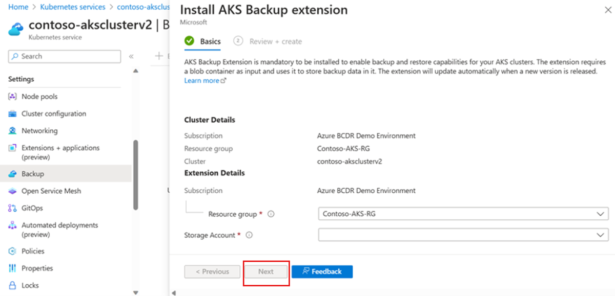 Screenshot che mostra come aggiungere i dettagli di archiviazione e BLOB per il backup.