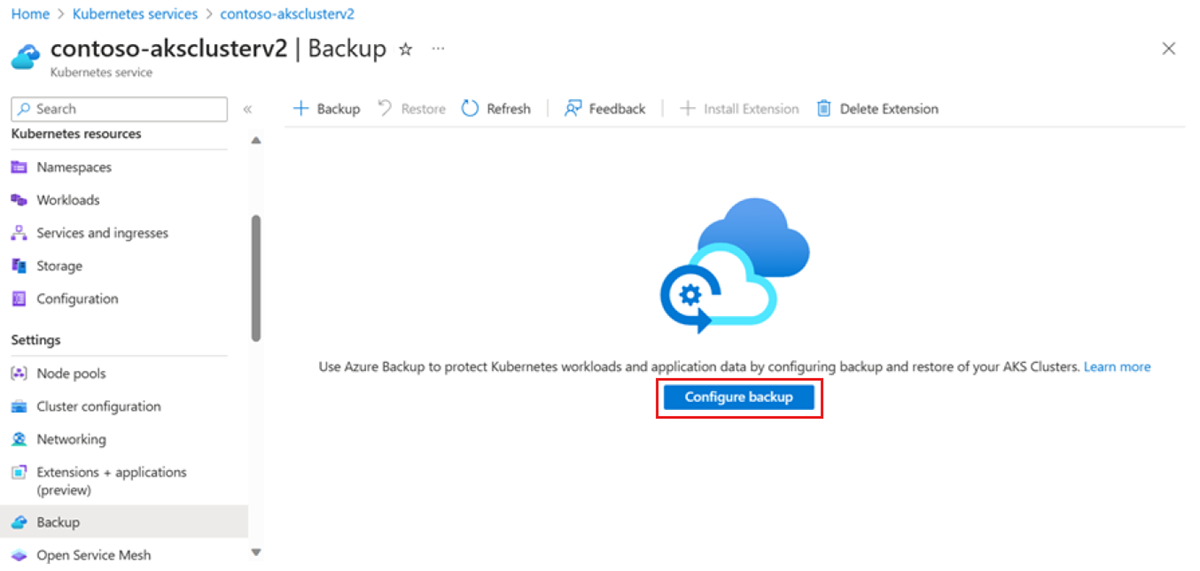 Screenshot che mostra la selezione di Configura backup.