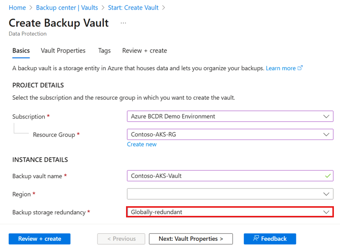 Screenshot che mostra come abilitare il parametro Ridondanza dell'archivio di backup.