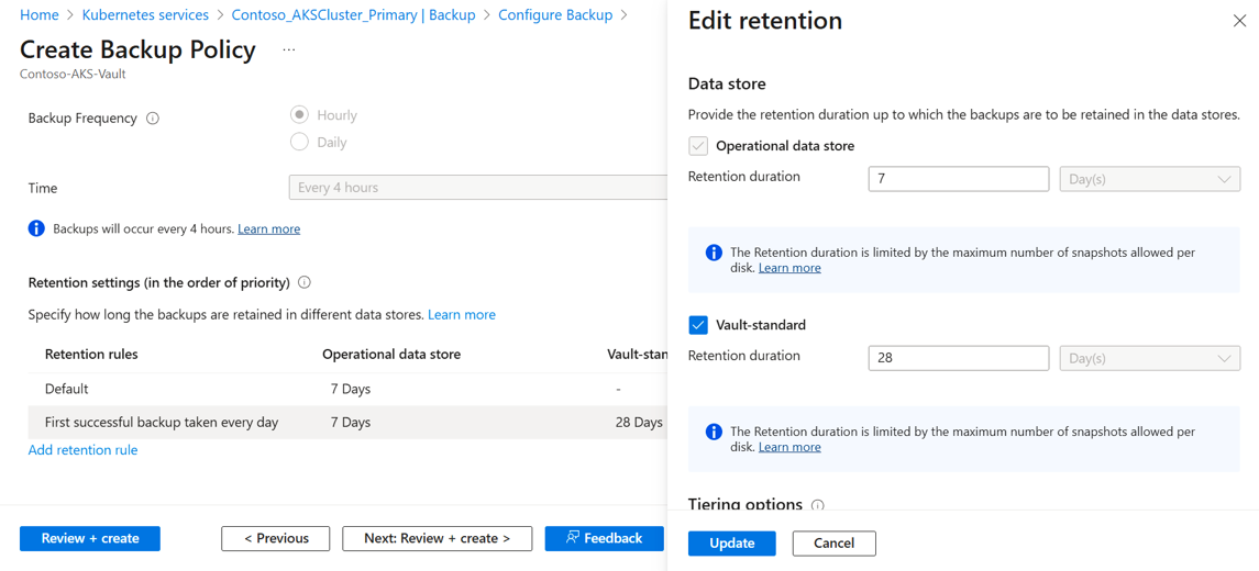 Screenshot che mostra la configurazione di conservazione per il livello dell'insieme di credenziali e il livello operativo.