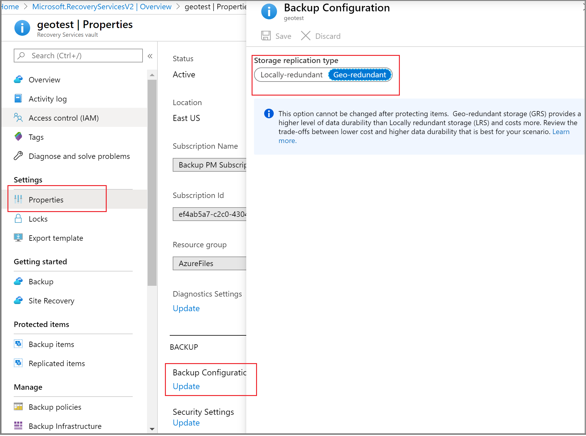 Screenshot che mostra come aggiornare la configurazione di backup.