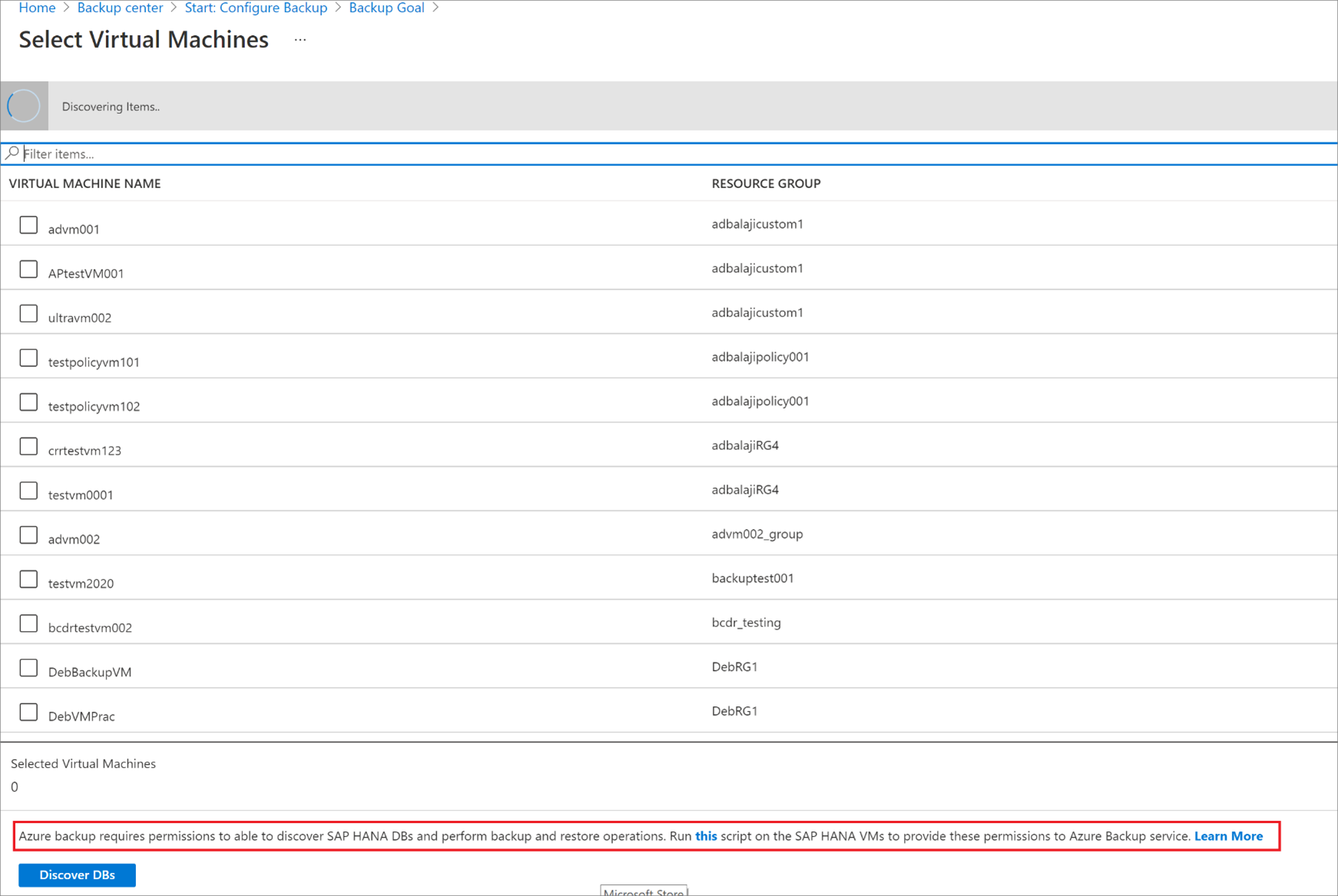 Screenshot che mostra i database SAP HANA individuati.