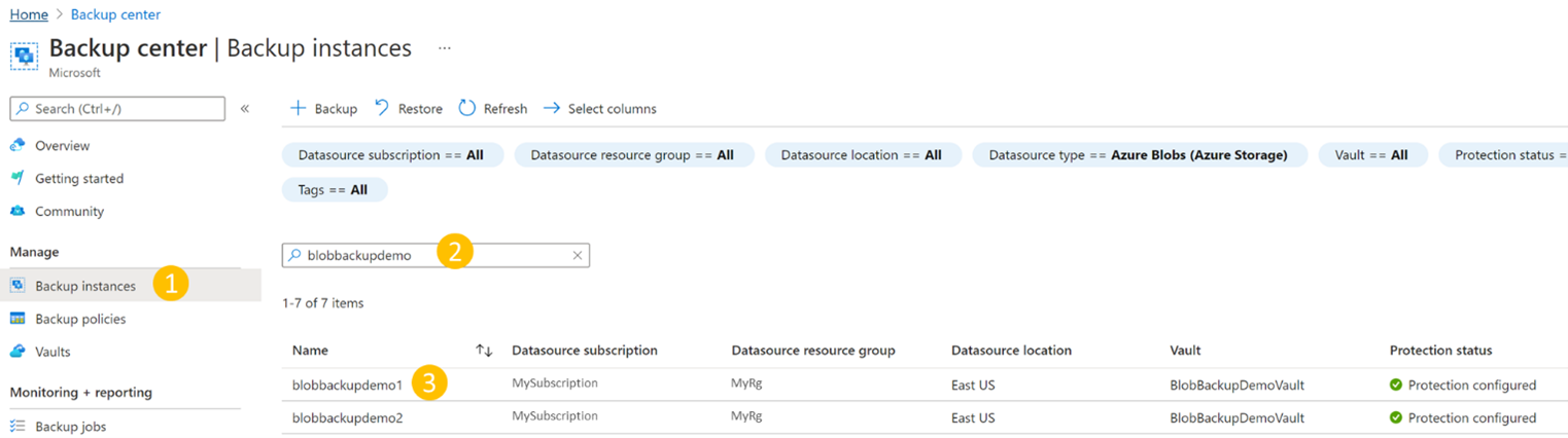 Percorso dell'account di archiviazione tramite il Centro backup