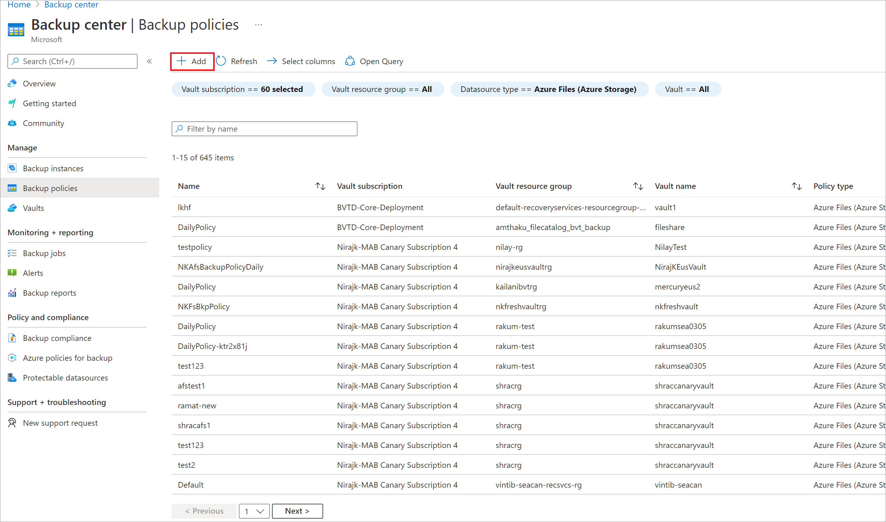 Screenshot che mostra l'opzione per iniziare a creare un nuovo criterio di backup.