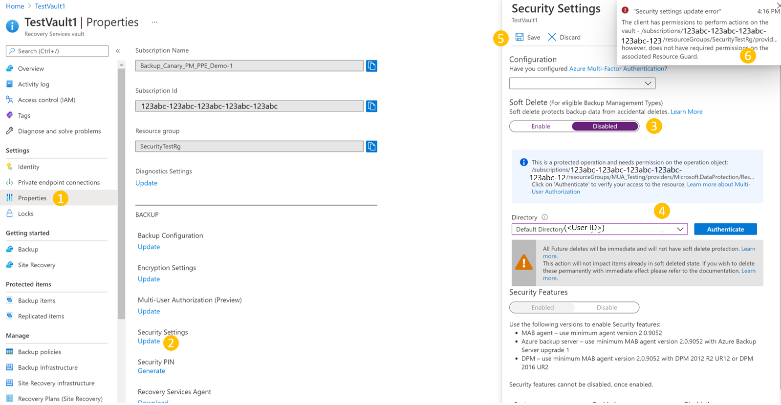 Screenshot che mostra le impostazioni di sicurezza delle proprietà dell'insieme di credenziali di test.