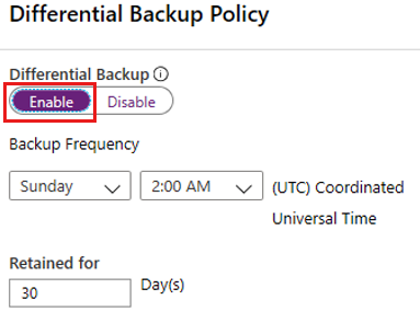 Screenshot che mostra come configurare un criterio di backup differenziale per un database.