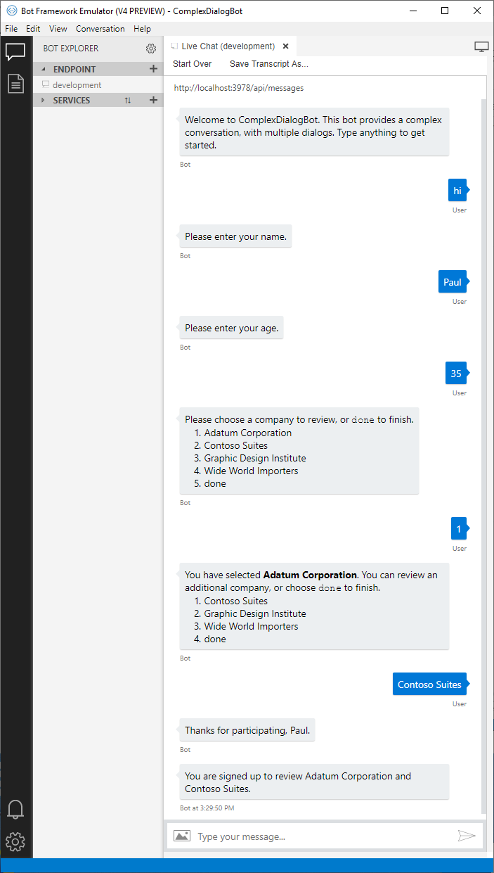 Trascrizione di esempio da una conversazione con il bot di dialogo complesso.