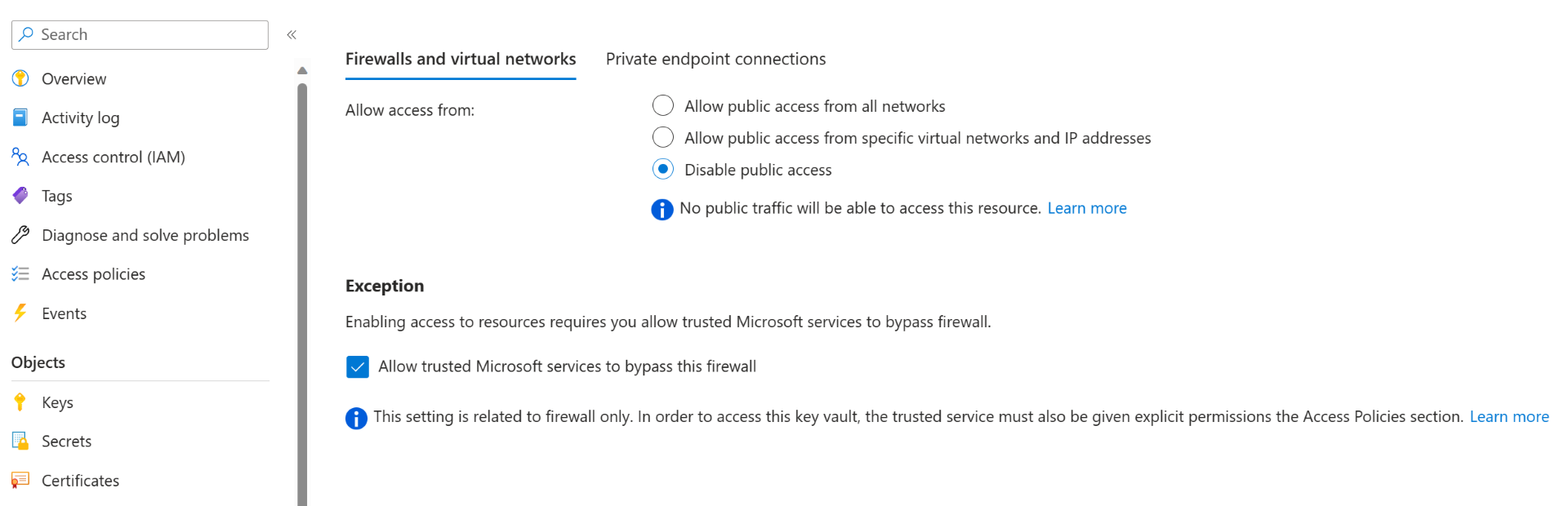 Firewall exception added for Key Vault