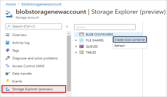 Screenshot della creazione di un contenitore BLOB.