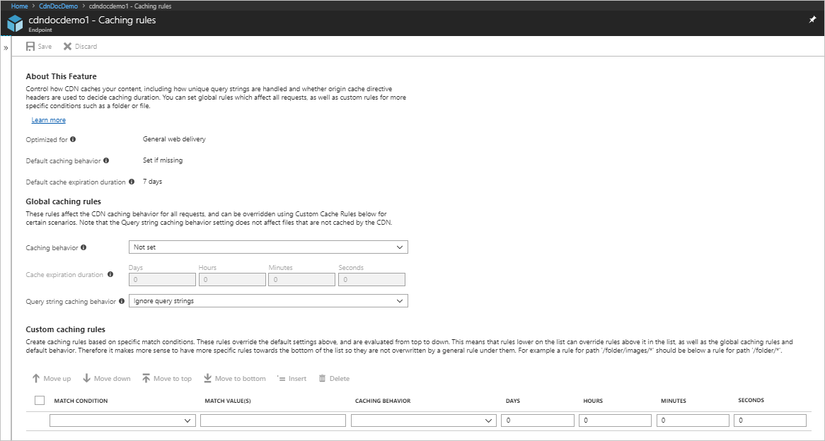 Screenshot del pulsante regole di memorizzazione nella cache della rete per la di distribuzione di contenuti.