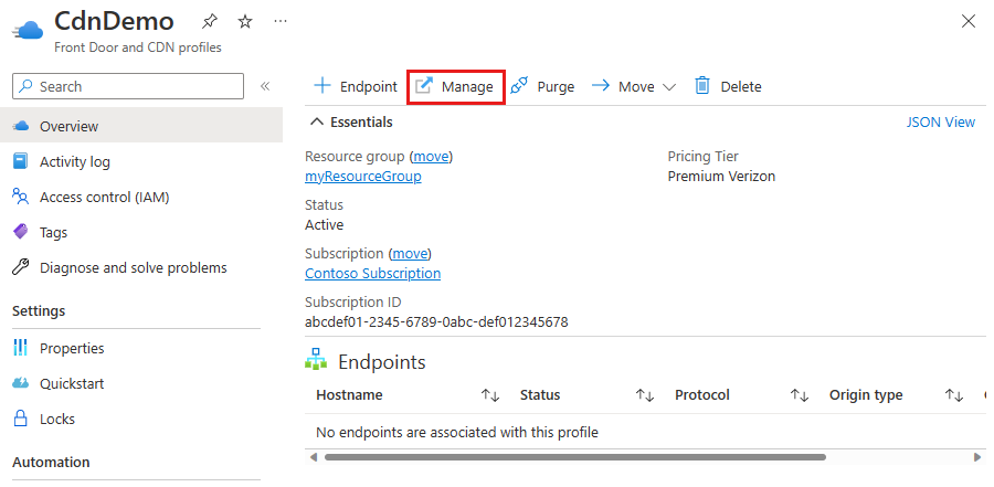 Screenshot del pulsante Gestisci da un profilo Rete CDN di Azure Edgio Premium.