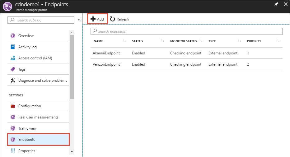 Screenshot che illustra gli endpoint di Gestione traffico della rete per la distribuzione di contenuti.