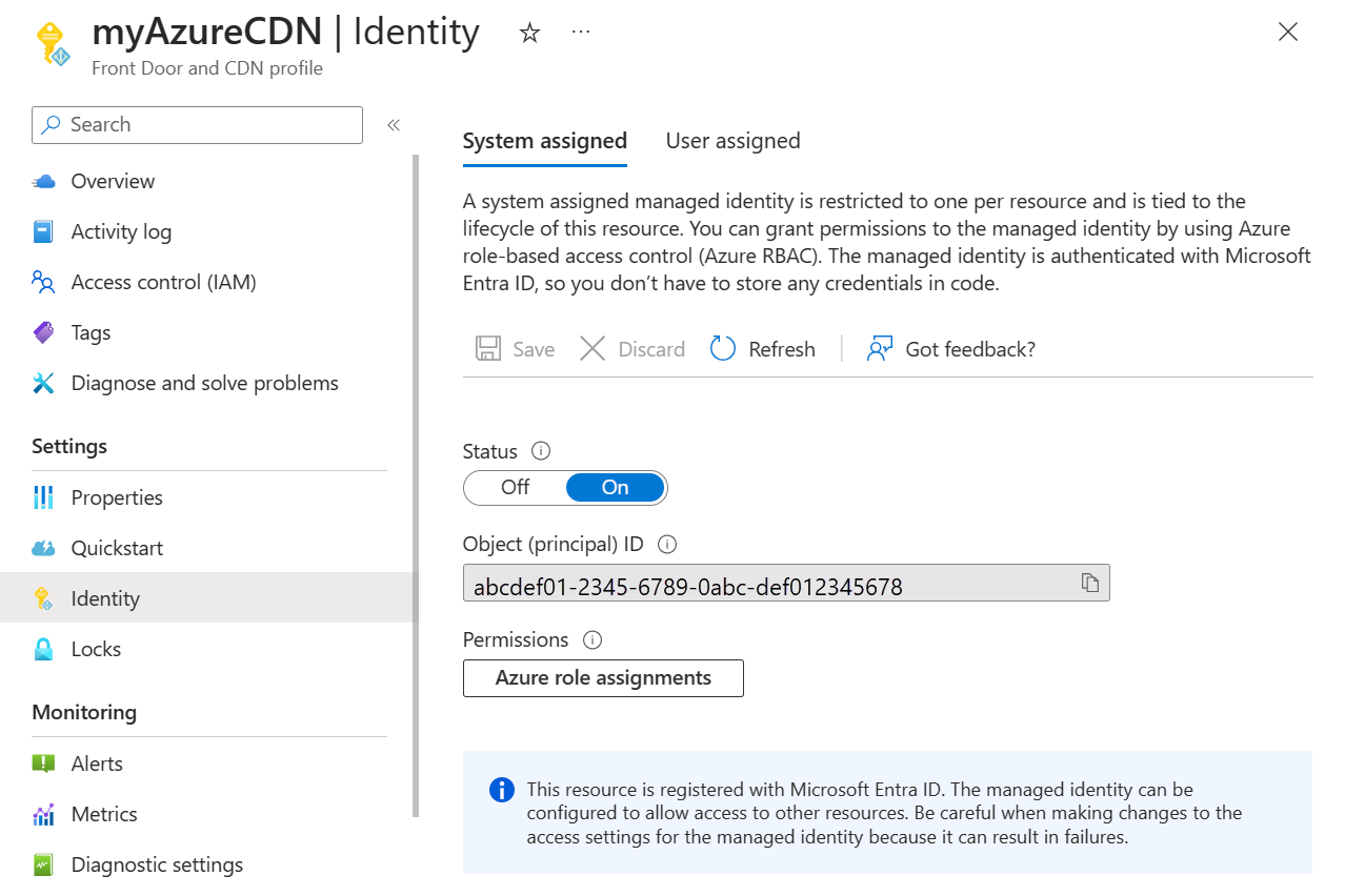 Screenshot dell'identità gestita assegnata dal sistema, registrata con Microsoft Entra ID.