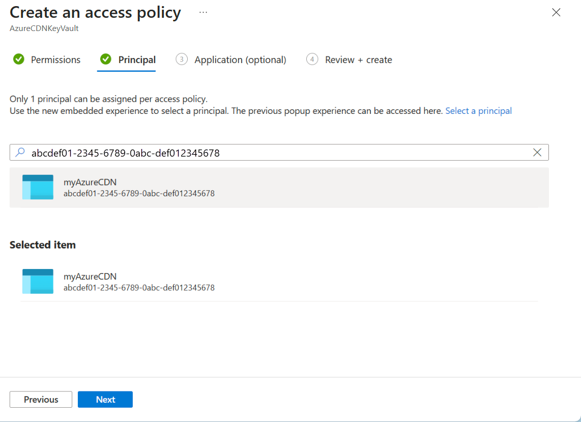 Screenshot della scheda dell'entità di sicurezza per il criterio di accesso di Key Vault.