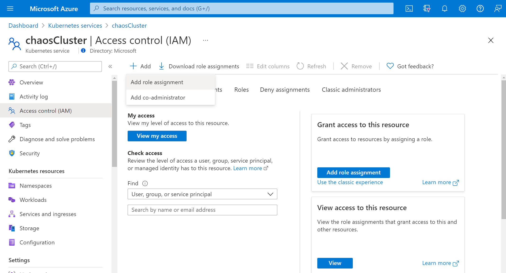 Screenshot che mostra la panoramica del controllo di accesso (IAM).