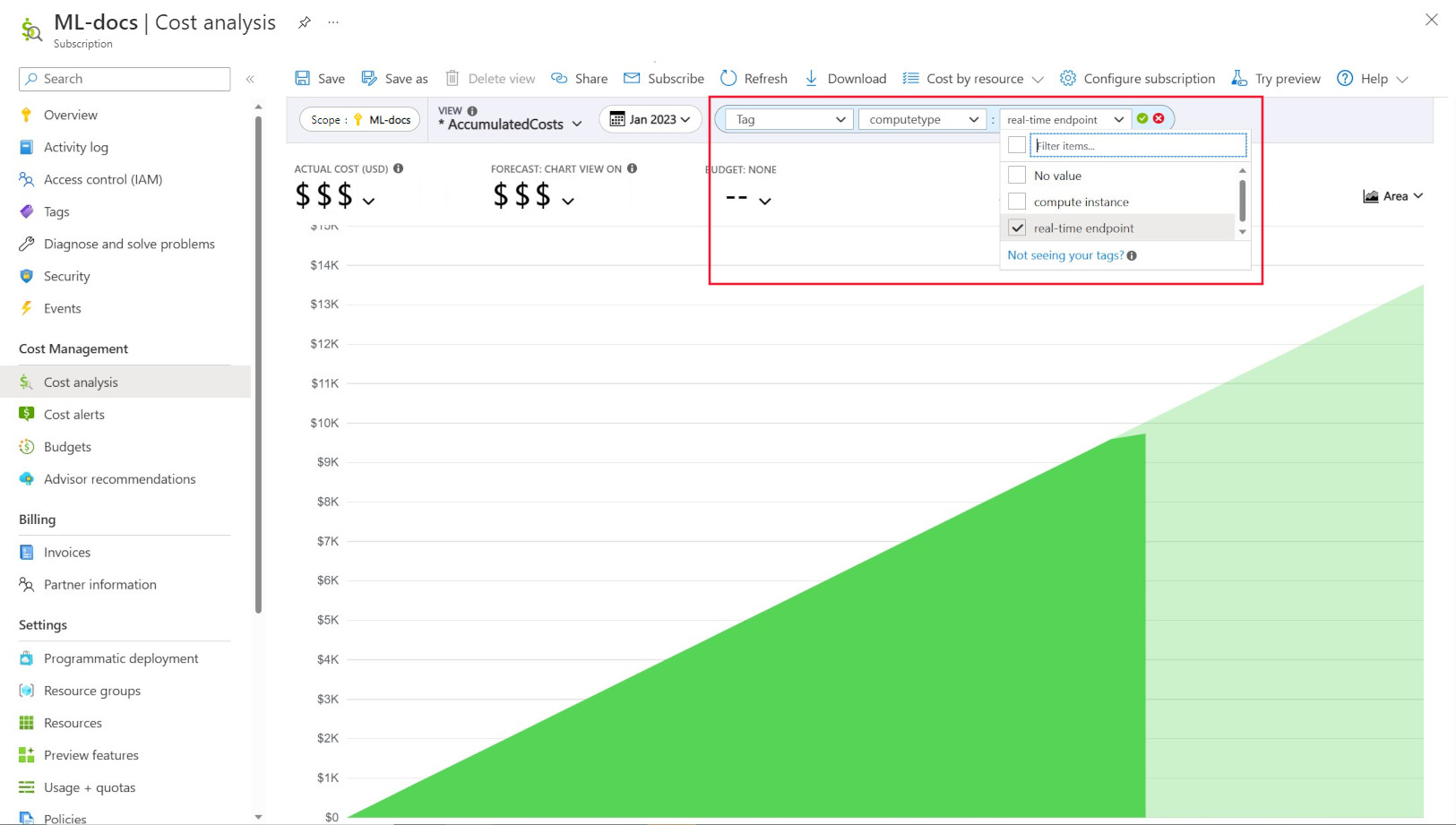 Screenshot della visualizzazione analisi dei costi filtrata in base al tipo di calcolo.