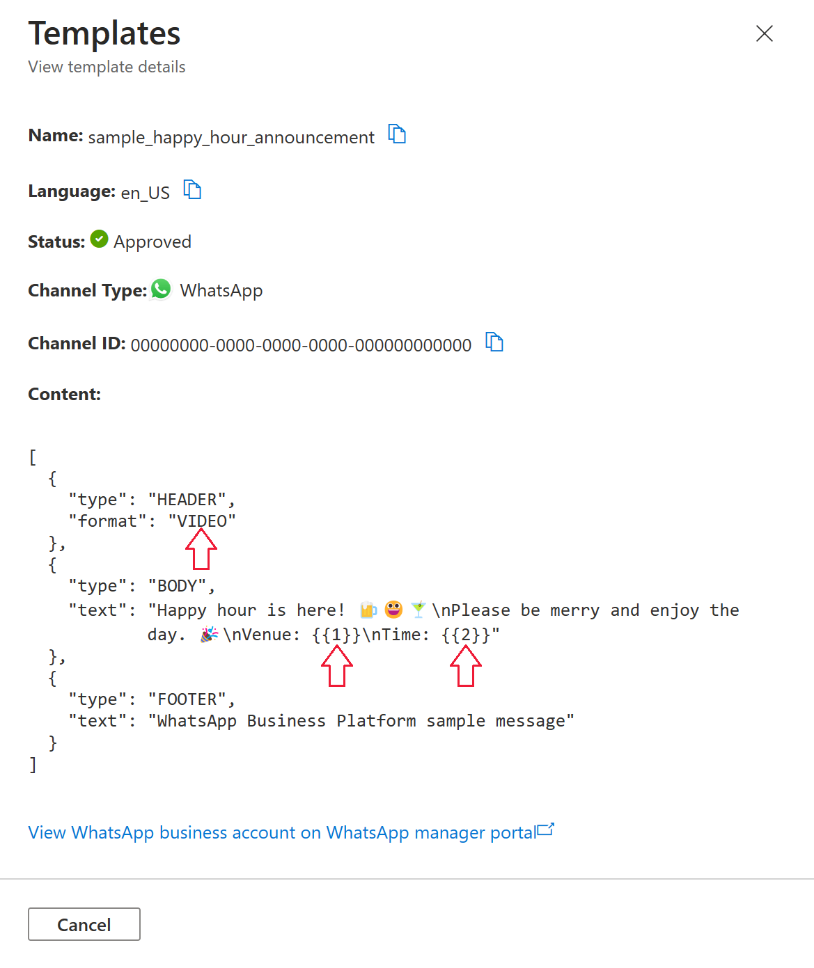 Screenshot that shows template details for template named sample_happy_hour_announcement.