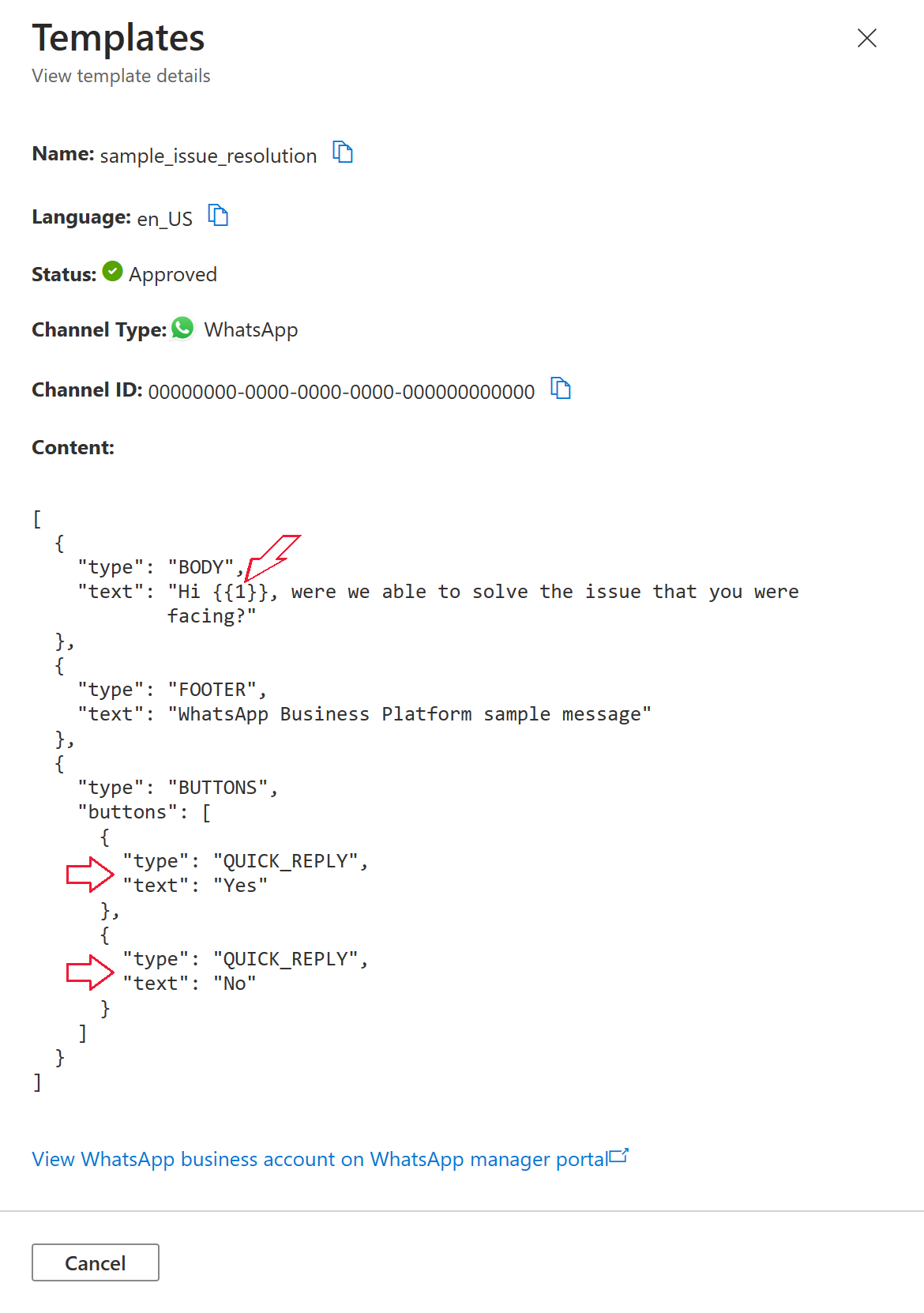 Screenshot that shows template details for template named sample_issue_resolution.