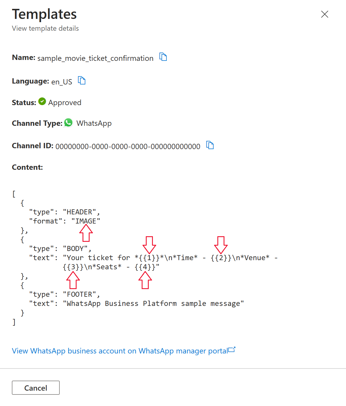 Screenshot that shows template details for template named sample_movie_ticket_confirmation.