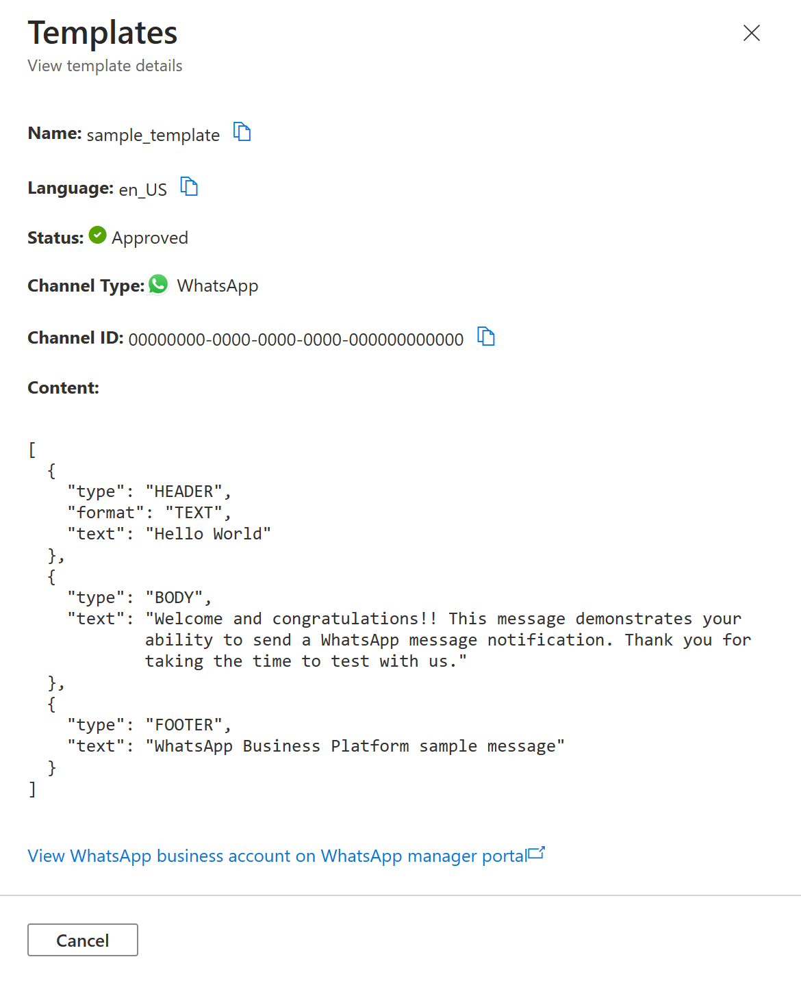 Screenshot that shows template details for template named sample_template.