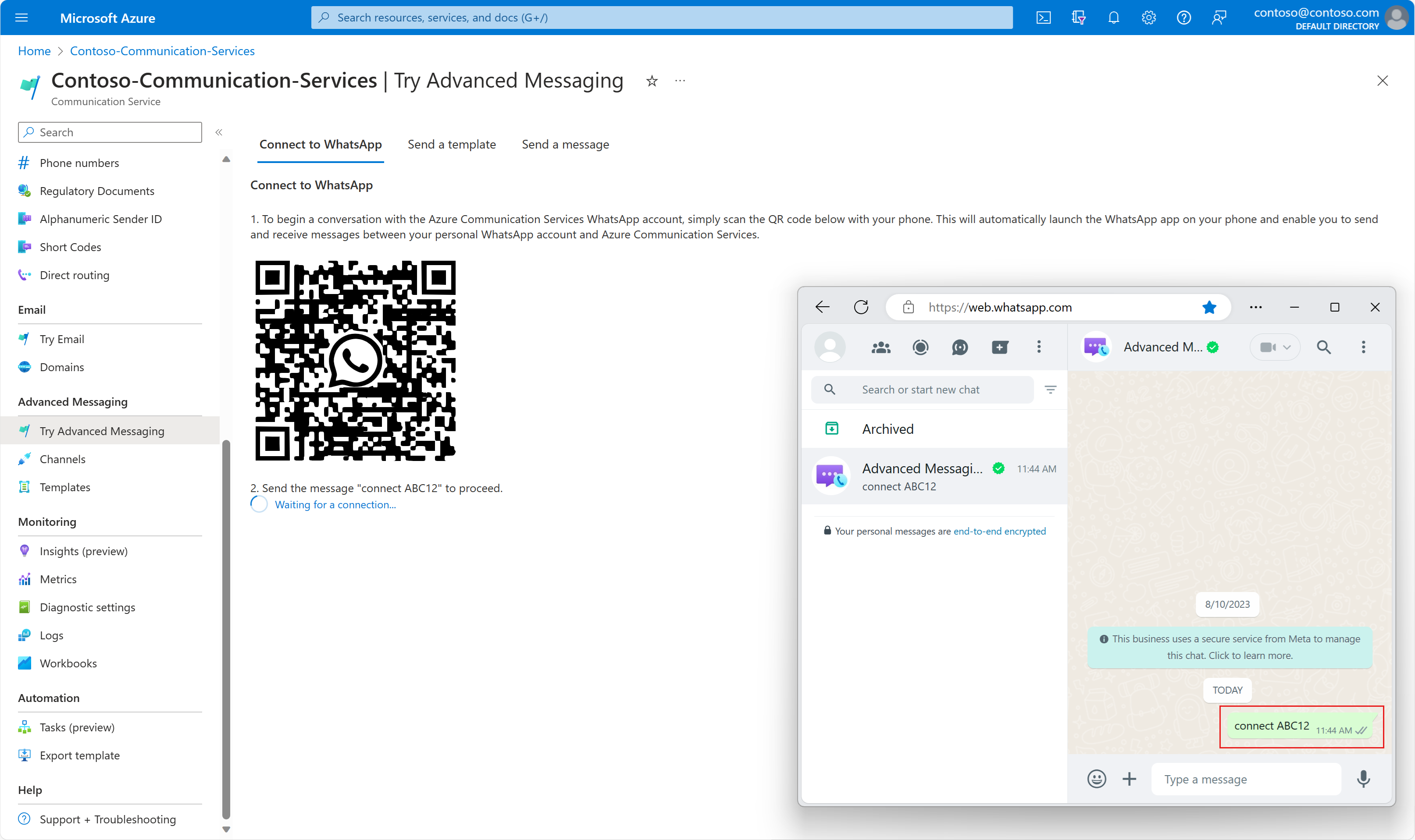 Screenshot that shows WhatsApp Connect QR code in the Azure portal.