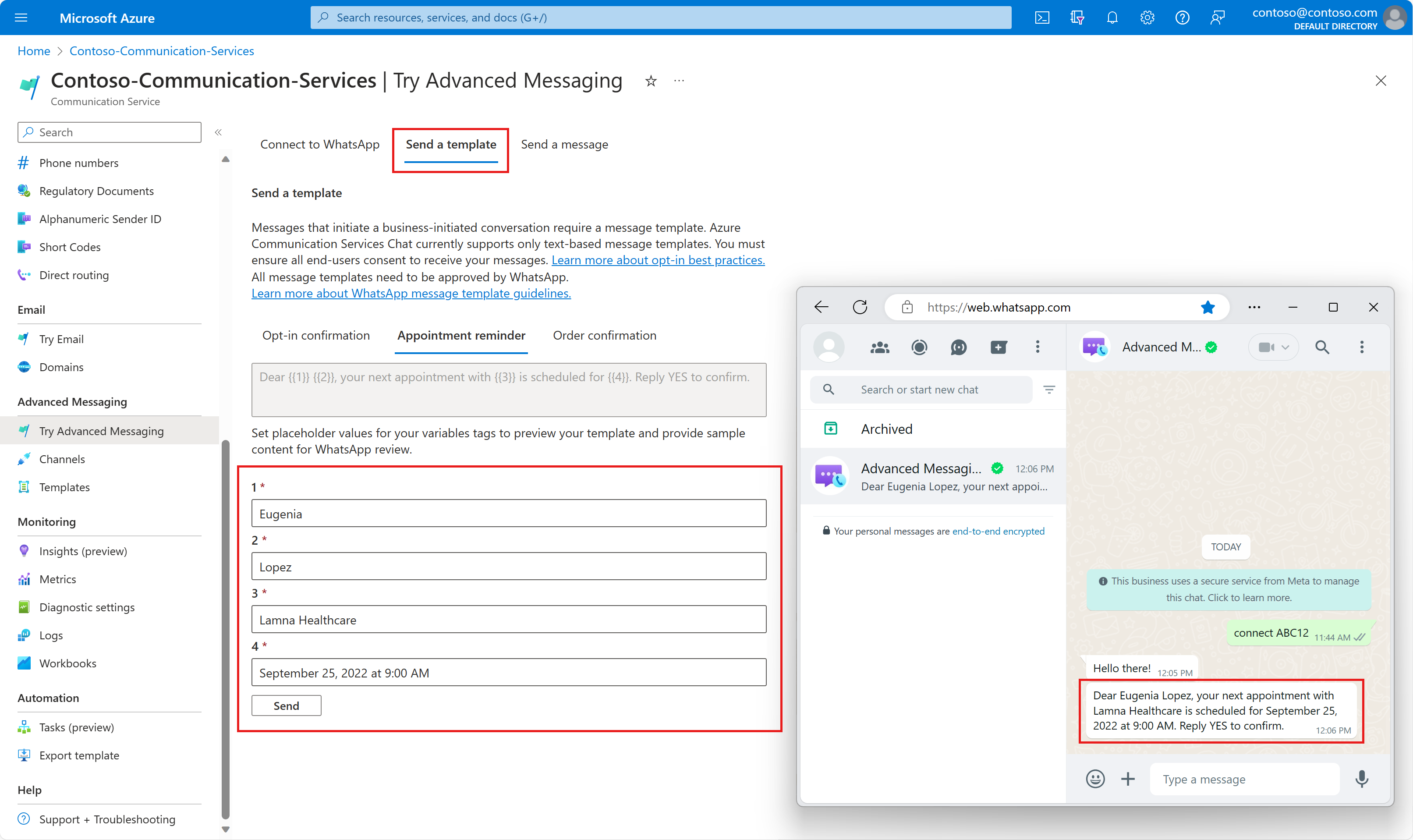 Screenshot that shows WhatsApp Send template message in the Azure portal.