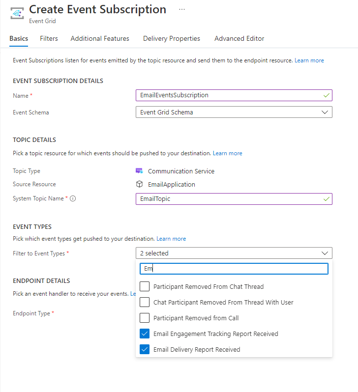 Screenshot che illustra la finestra di dialogo Crea sottoscrizione di eventi. In Tipi di evento, vengono selezionati report di recapito tramite e-mail ricevuti e report di rilevamento dell'engagement tramite e-mail ricevuti.