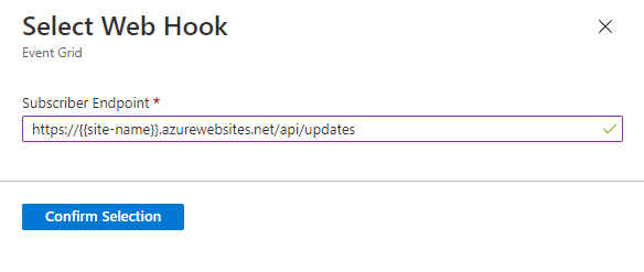 Screenshot che mostra la finestra di dialogo Seleziona web hook. La casella Endpoint sottoscrittore contiene un U R L e un pulsante Conferma selezione è visibile.