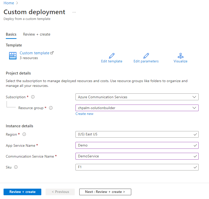 Screenshot del modello di Resource Manager del generatore di esempi.