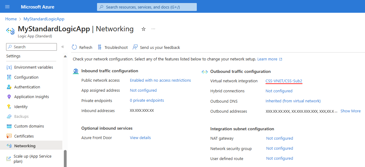 Screenshot che mostra il portale di Azure, la risorsa dell'app per la logica Standard, la pagina Rete con la rete virtuale e la subnet selezionate.