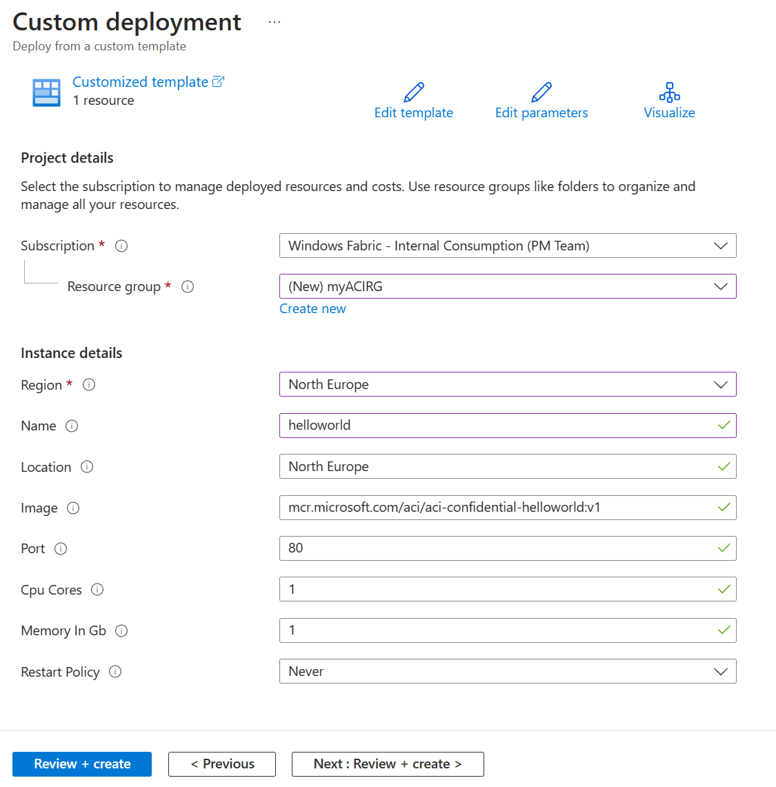 Screenshot dei dettagli per una distribuzione personalizzata del modello di Resource Manager.