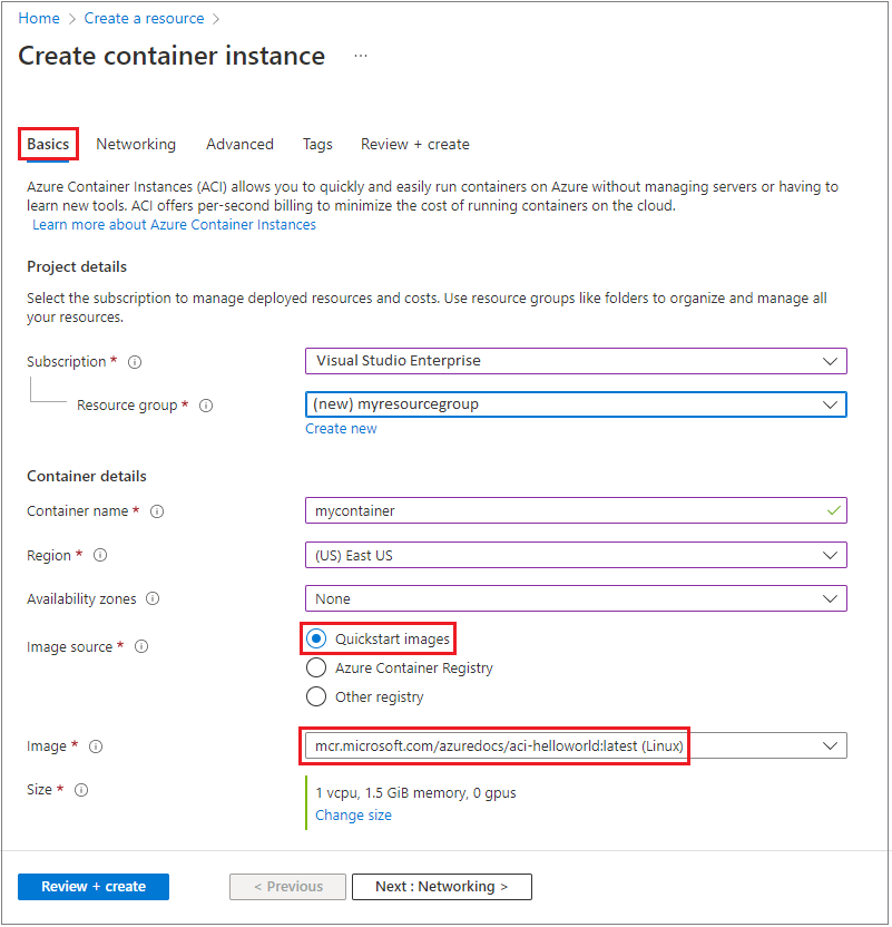 Configurazione delle impostazioni di base per una nuova istanza di contenitore nel portale di Azure