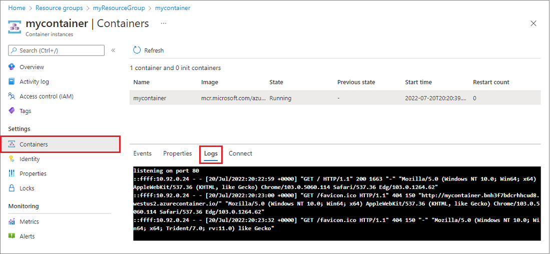 Log dei contenitori nel portale di Azure