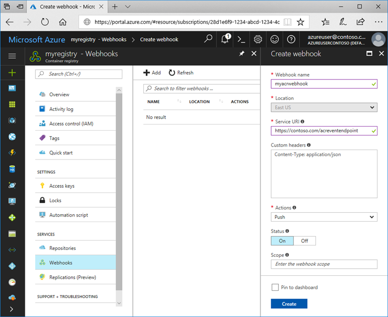 Screenshot che mostra l'interfaccia utente per la creazione di webhook del Registro Azure Container nel portale di Azure.