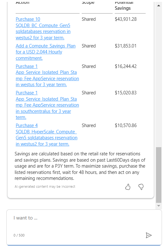 Screenshot che mostra Microsoft Copilot in Azure continuando un elenco di raccomandazioni per ridurre i costi.