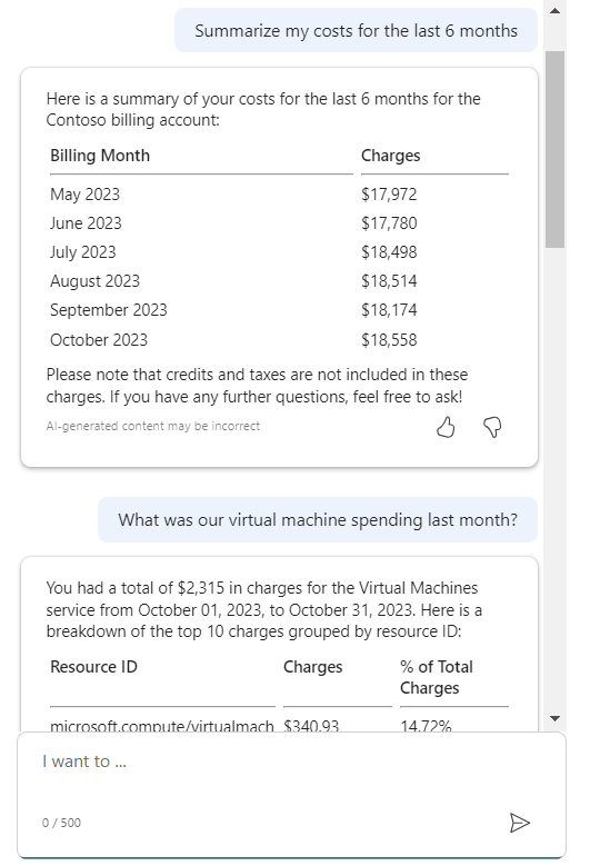 Screenshot di Microsoft Copilot in Azure che fornisce un riepilogo dei costi.