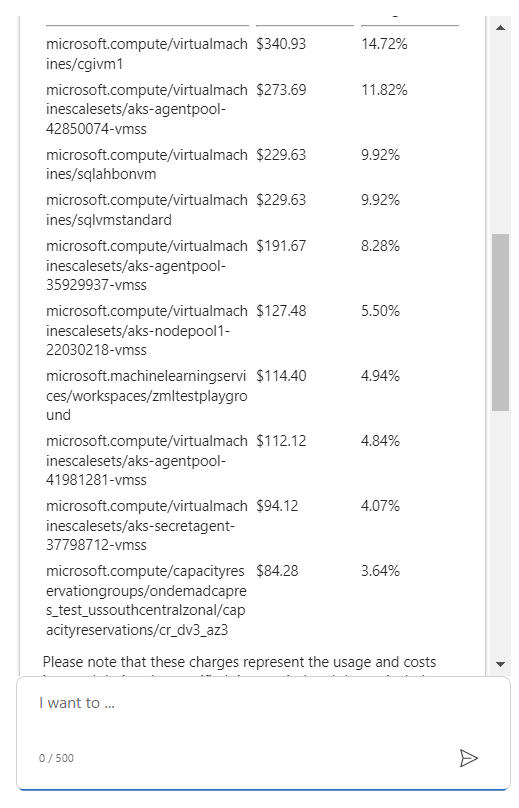 Screenshot che mostra Microsoft Copilot in Azure che fornisce informazioni dettagliate sui costi delle macchine virtuali.