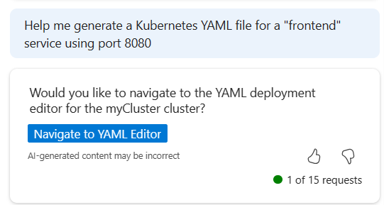 Screenshot di una richiesta di assistenza per la generazione di un file YAML del Servizio Azure Kubernetes in Microsoft Copilot in Azure.