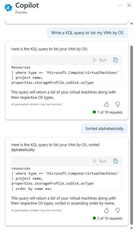 Screenshot of Microsoft Copilot in Azure (preview) generating and then revising a query to list VMs by OS.