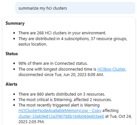 Screenshot che mostra il riepilogo dei cluster Azure Stack HCI di Microsoft Copilot in Azure.