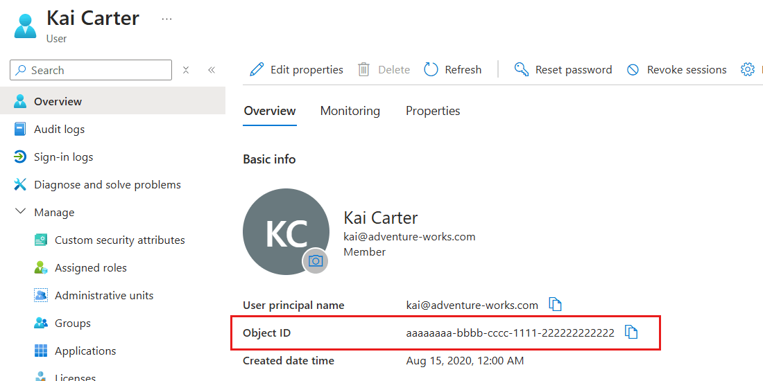 Screenshot del riquadro dei dettagli per un utente specifico in un tenant di Microsoft Entra ID con il relativo 